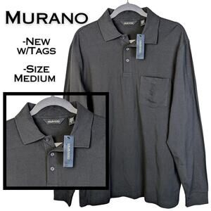 Murano Mens Long Sleeve Polo Shirt Medium Black Stretch Cotton Golf Casual NEW
